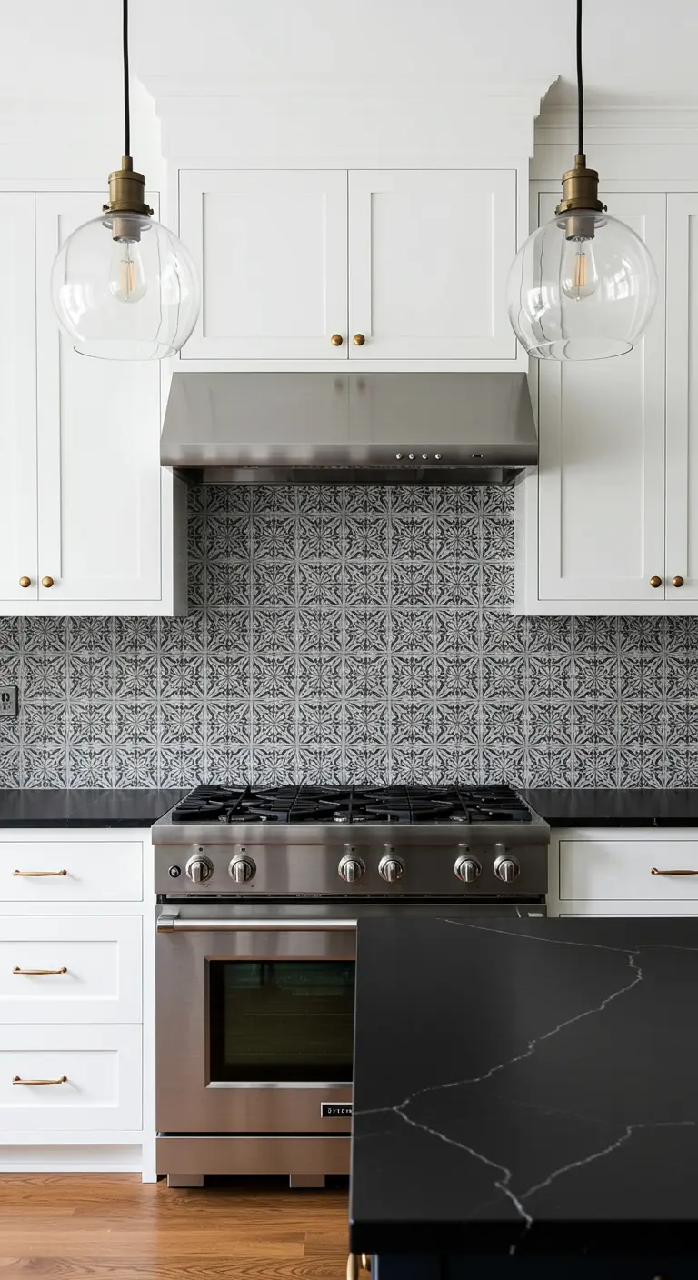 Cocina con armarios blancos, salpicadero de azulejos con patrón y electrodomésticos de acero.