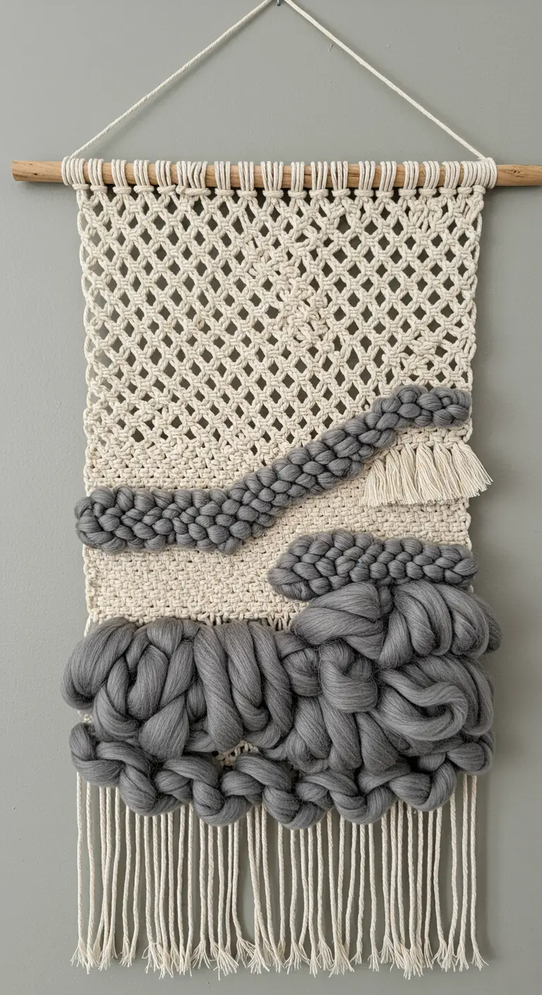 Tapiz de macramé que combina nudos tradicionales con lana merino gris muy gruesa.
