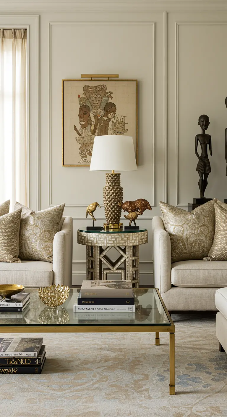 Salón elegante con muebles clásicos, detalles dorados y piezas de arte y escultura africana.