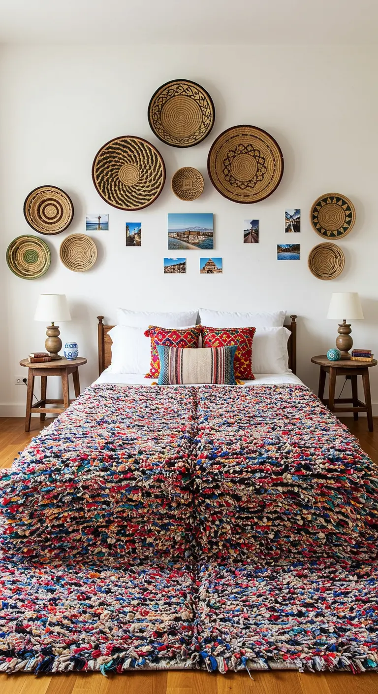 Alfombra shaggy multicolor utilizada como cubrecama en un dormitorio bohemio.