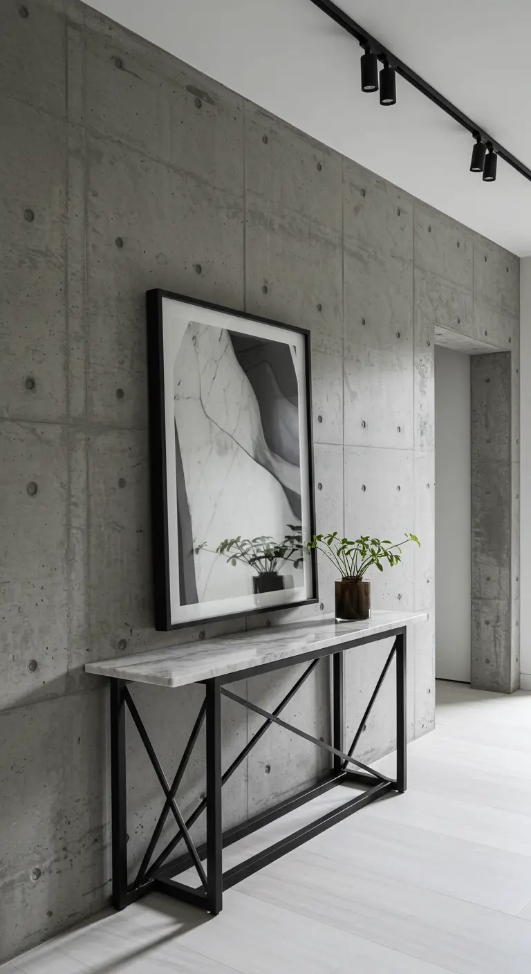 Recibidor con pared de hormigón visto, consola de metal negro y mármol, y suelo blanco.