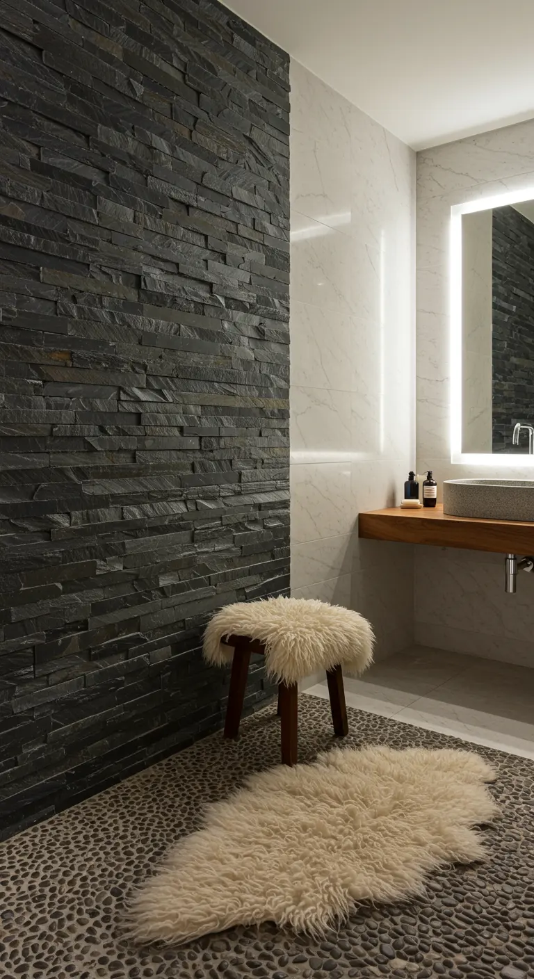 Baño con pared de laja negra, suelo de cantos rodados y un taburete con piel sintética