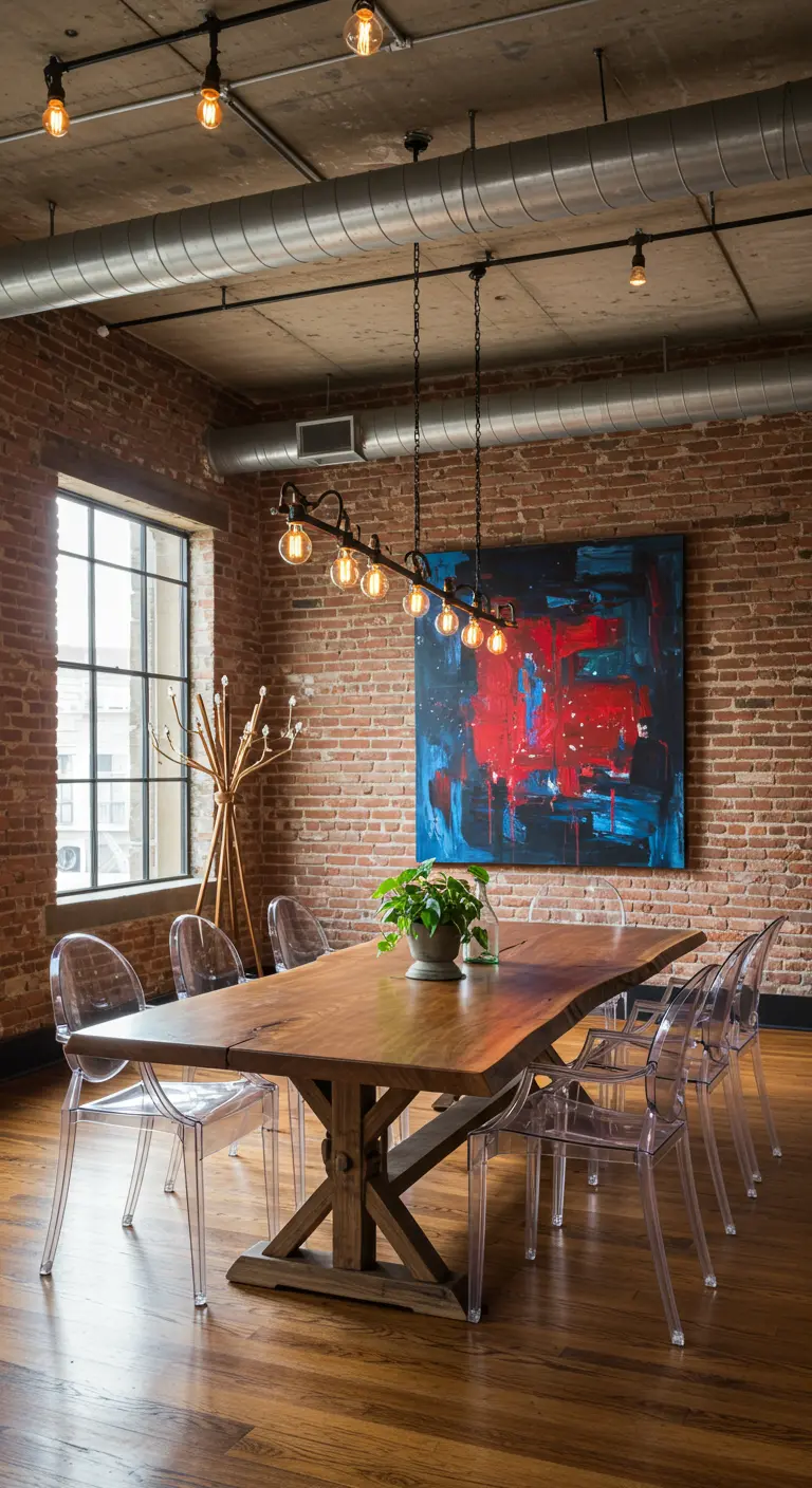 Comedor industrial con pared de ladrillo, cuadro abstracto vibrante y sillas transparentes.