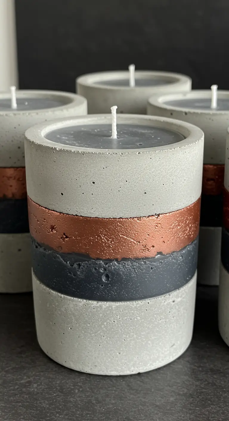 Velas en recipientes de cemento con franjas pintadas en colores cobre y negro.