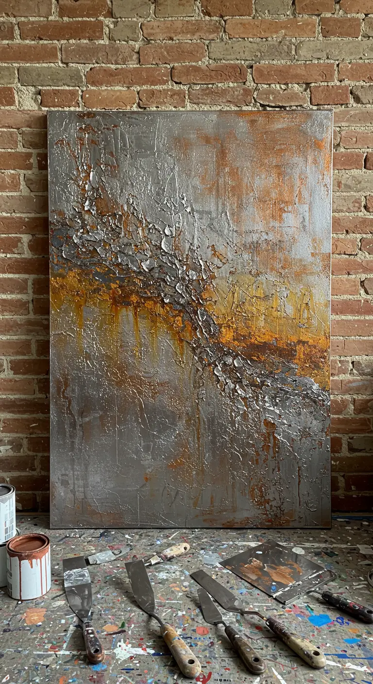 Cuadro abstracto de estilo industrial con texturas metálicas.