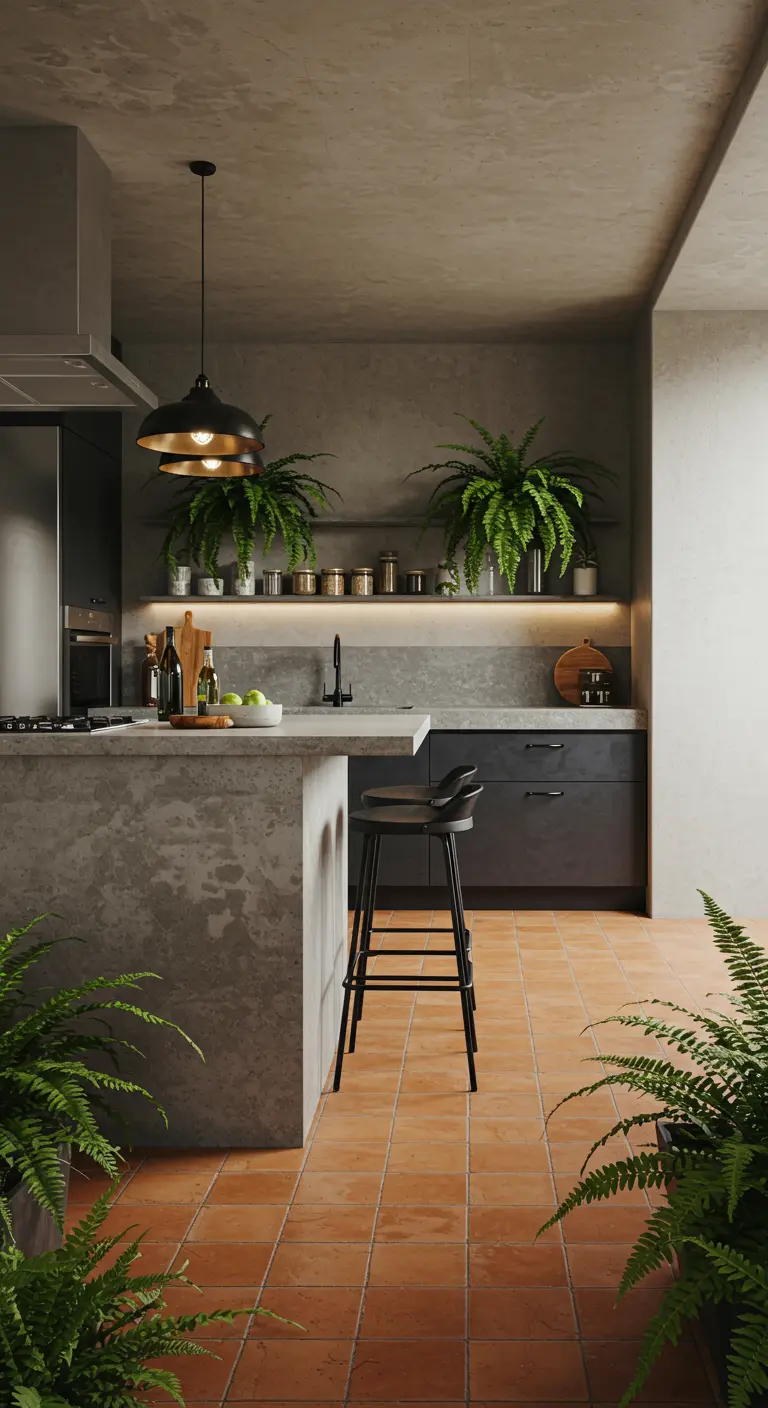 Cocina industrial con isla de hormigón, gabinetes oscuros y suelo de baldosas de terracota.