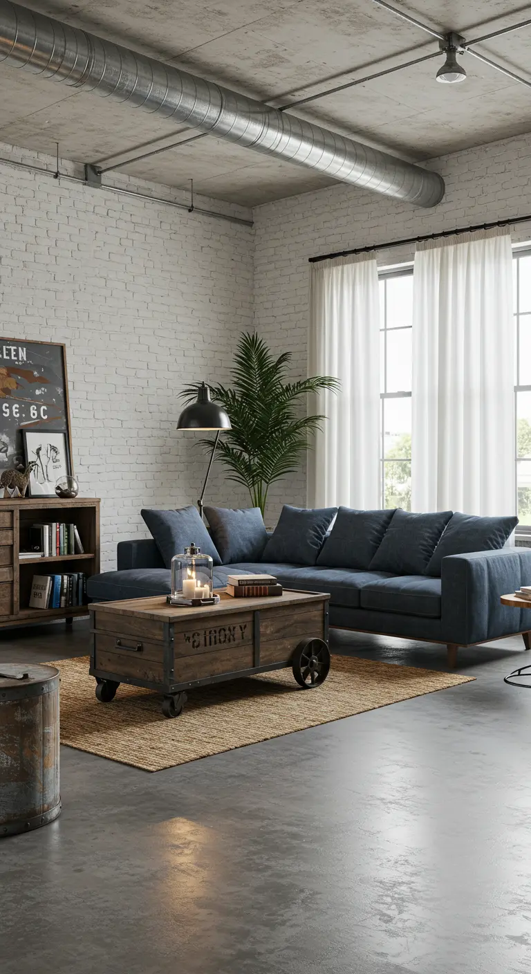Sala de estar de estilo industrial-costero con pared de ladrillo blanco y sofá azul