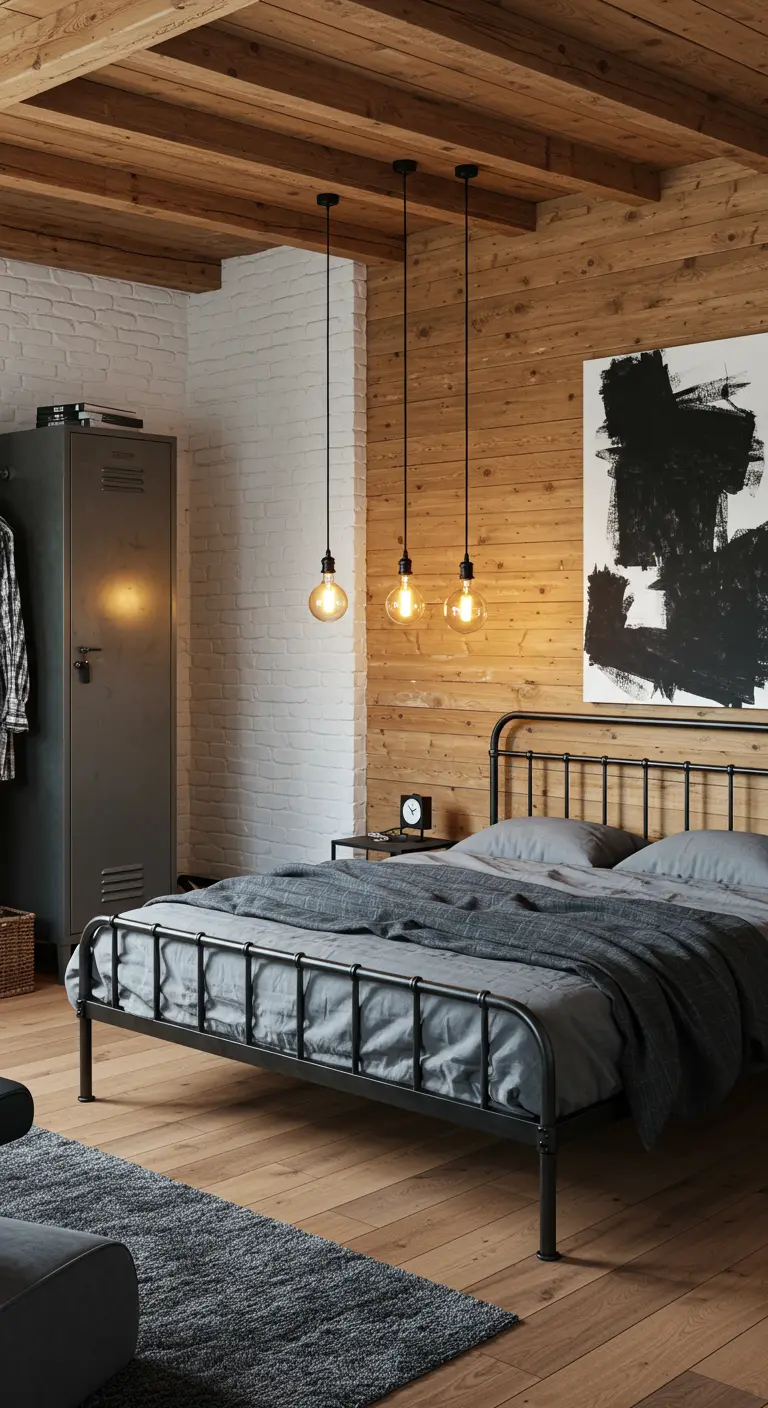 Dormitorio con pared de madera y ladrillo blanco, cama de metal negro y armario industrial.