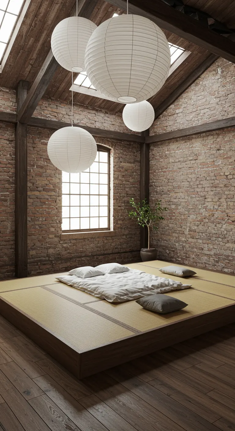 Dormitorio estilo loft con pared de ladrillo, vigas de madera y una zona de descanso con tatami.