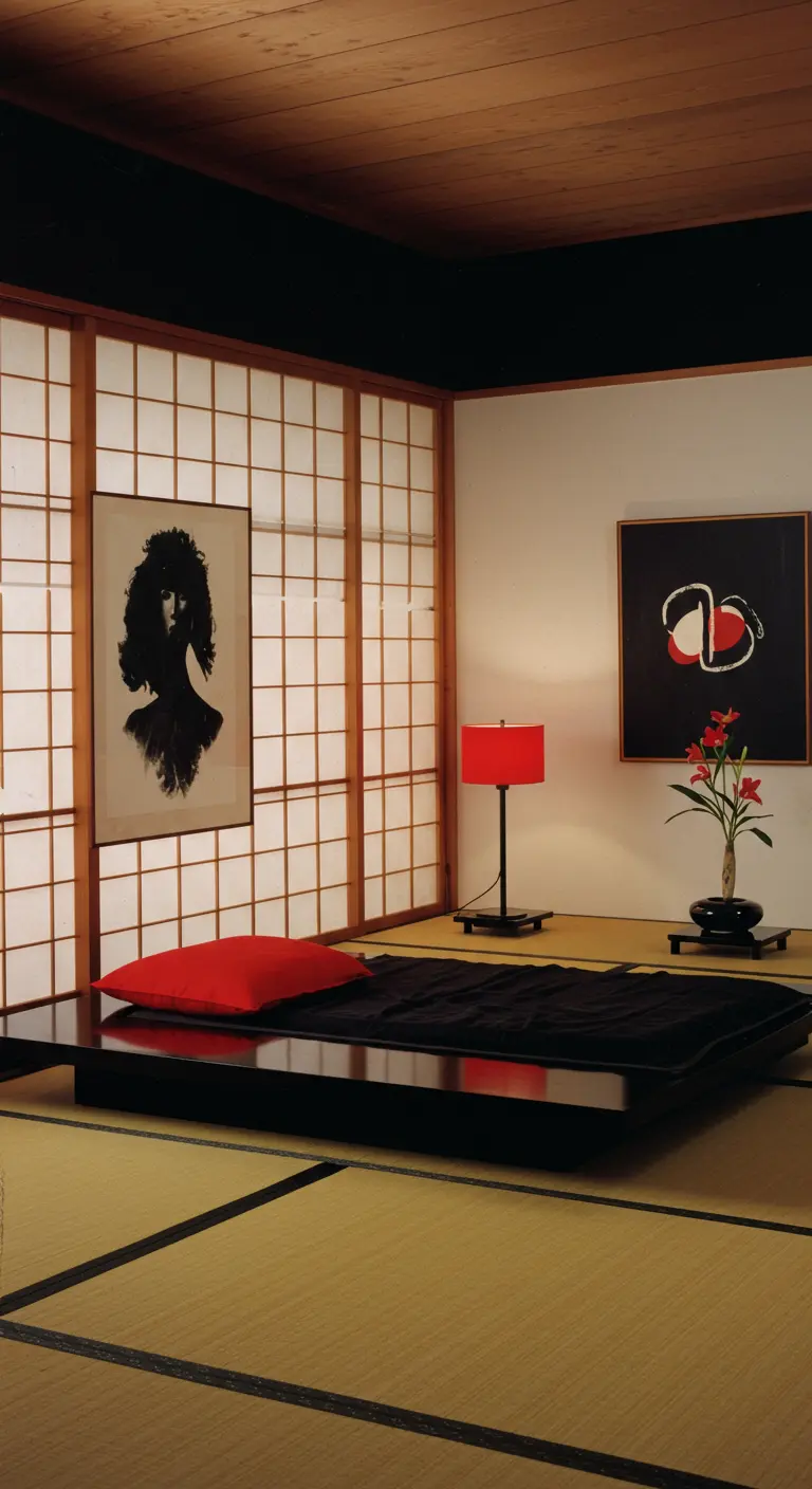 Dormitorio de inspiración japonesa de los 80 con cama baja, tatami y paneles shoji.