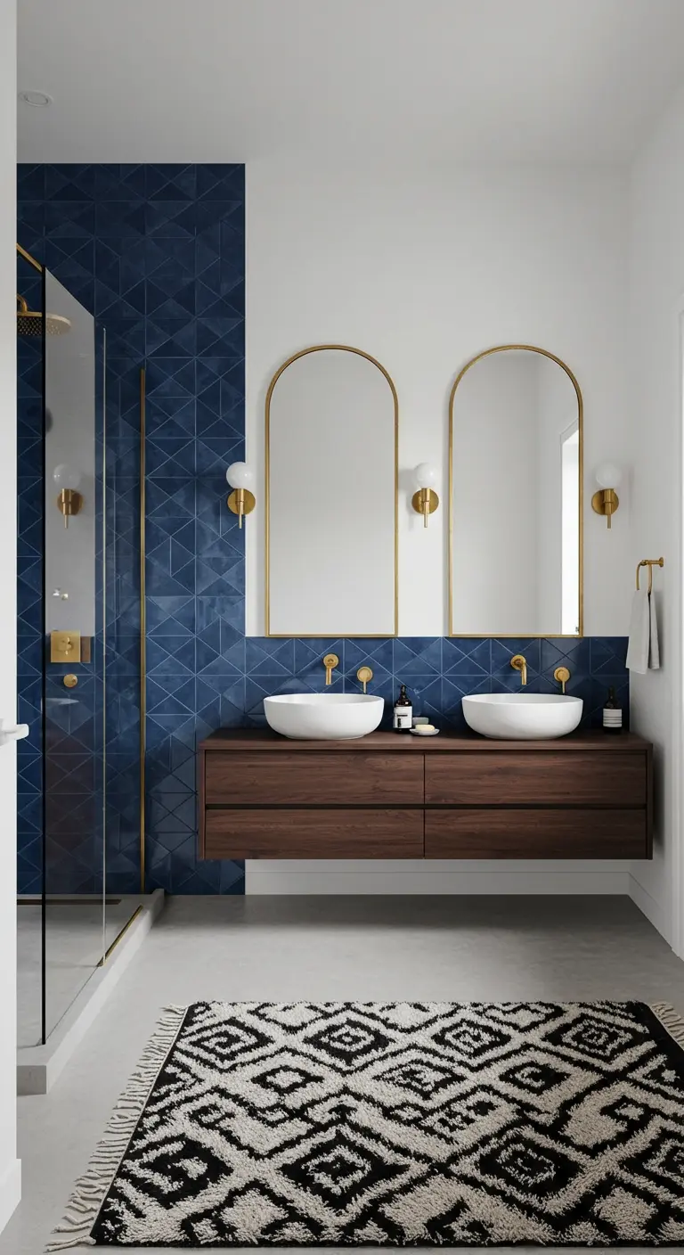 Baño moderno con pared de azulejos geométricos azules, espejos arqueados y detalles dorados