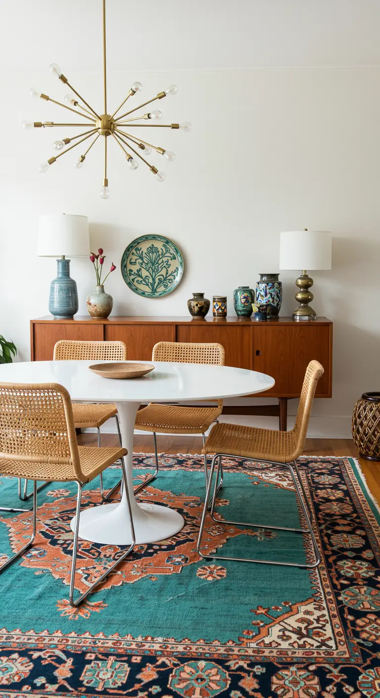 Comedor Mid-Century Modern con mesa redonda blanca, sillas de ratán y lámpara sputnik