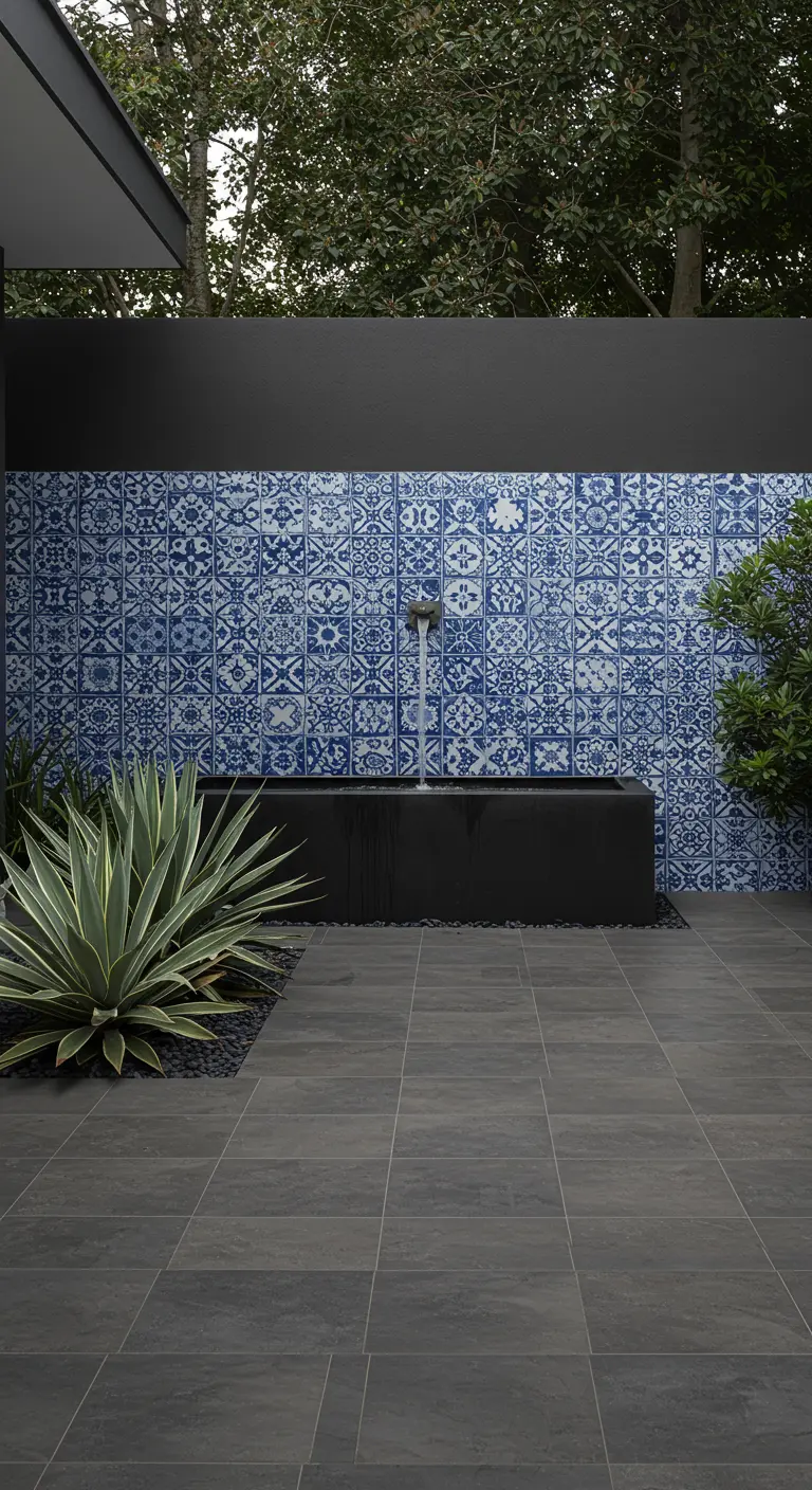 Patio moderno con una pared de azulejos azules y una fuente rectangular negra.