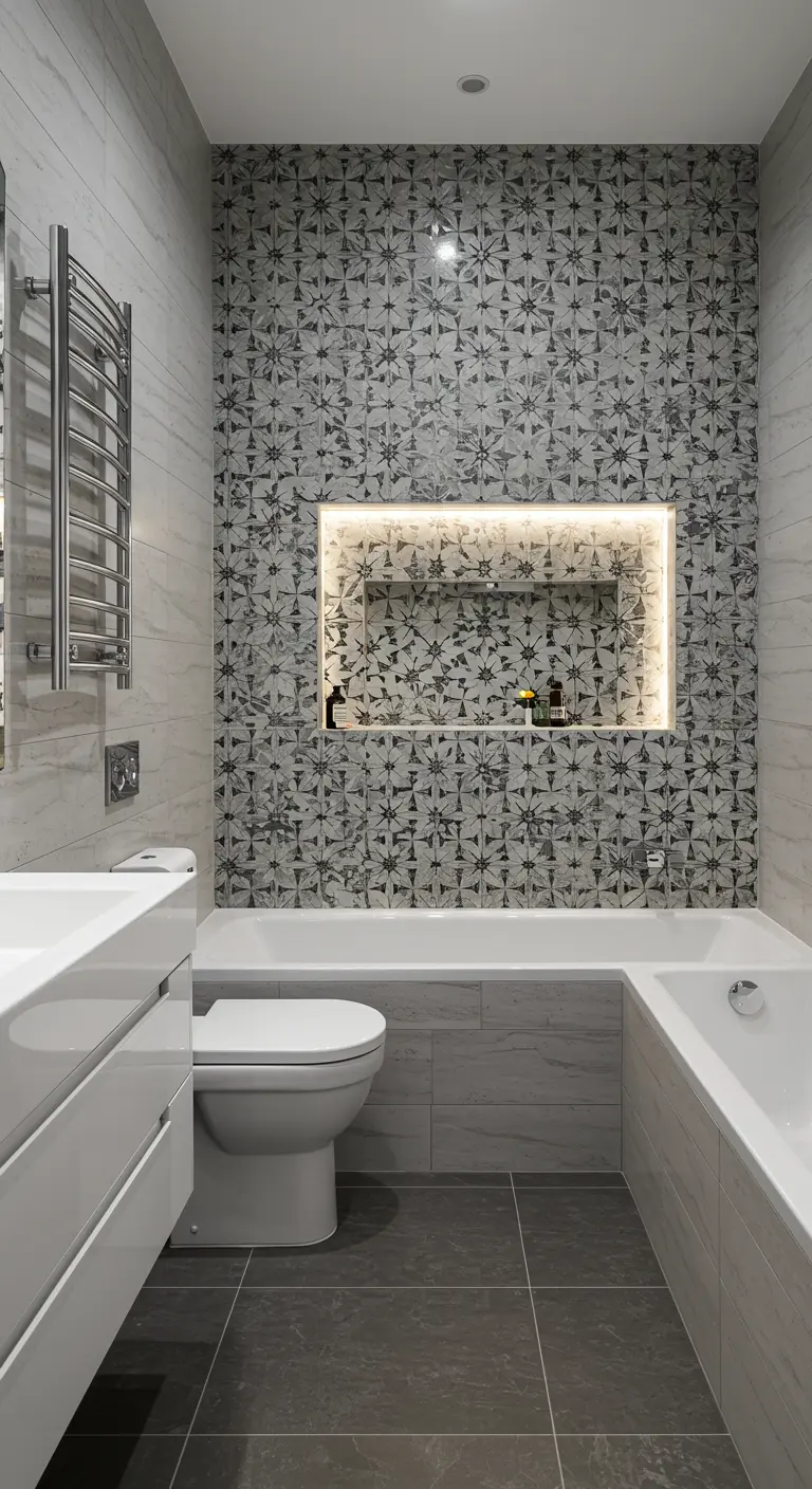 Baño moderno con pared de acento de mosaico geométrico en grises y un nicho iluminado.
