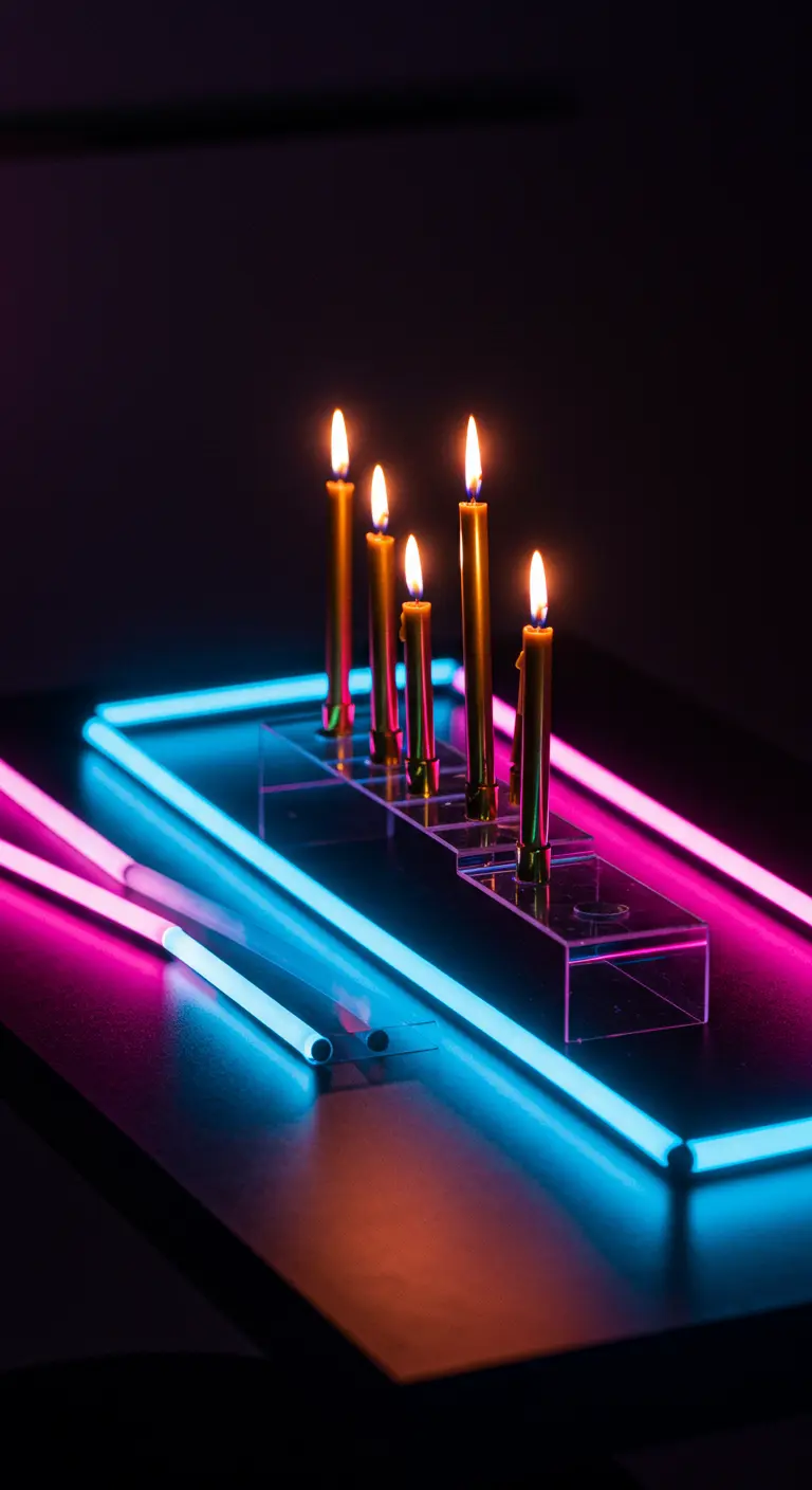 Candelabro dorado con velas encendidas sobre una mesa iluminada por tubos de neón rosa y azul.