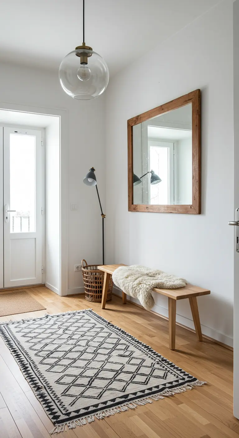 Recibidor de estilo Scandi-boho con banco de madera, alfombra de rombos y espejo cuadrado.