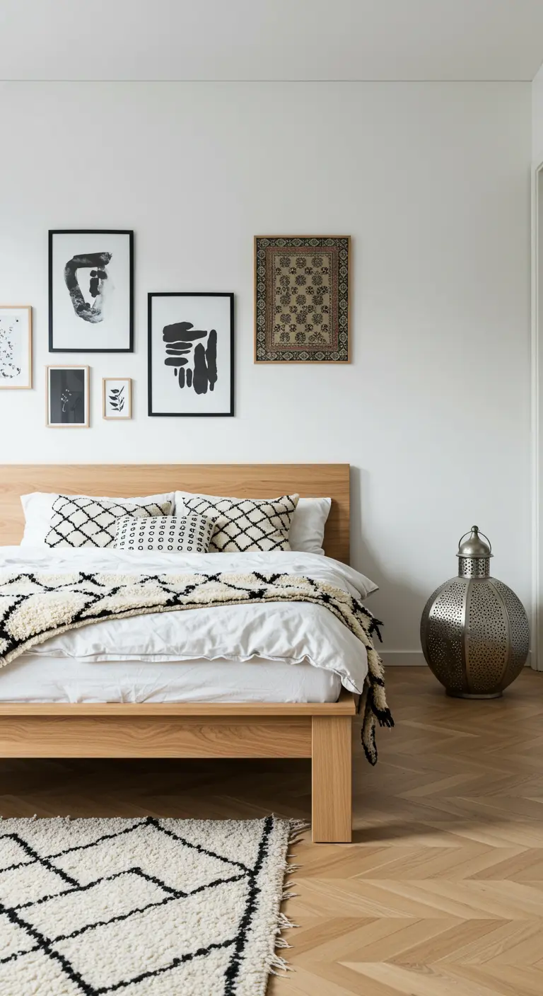 Dormitorio de estilo nórdico con cama de madera, alfombra Beni Ourain y arte en la pared.