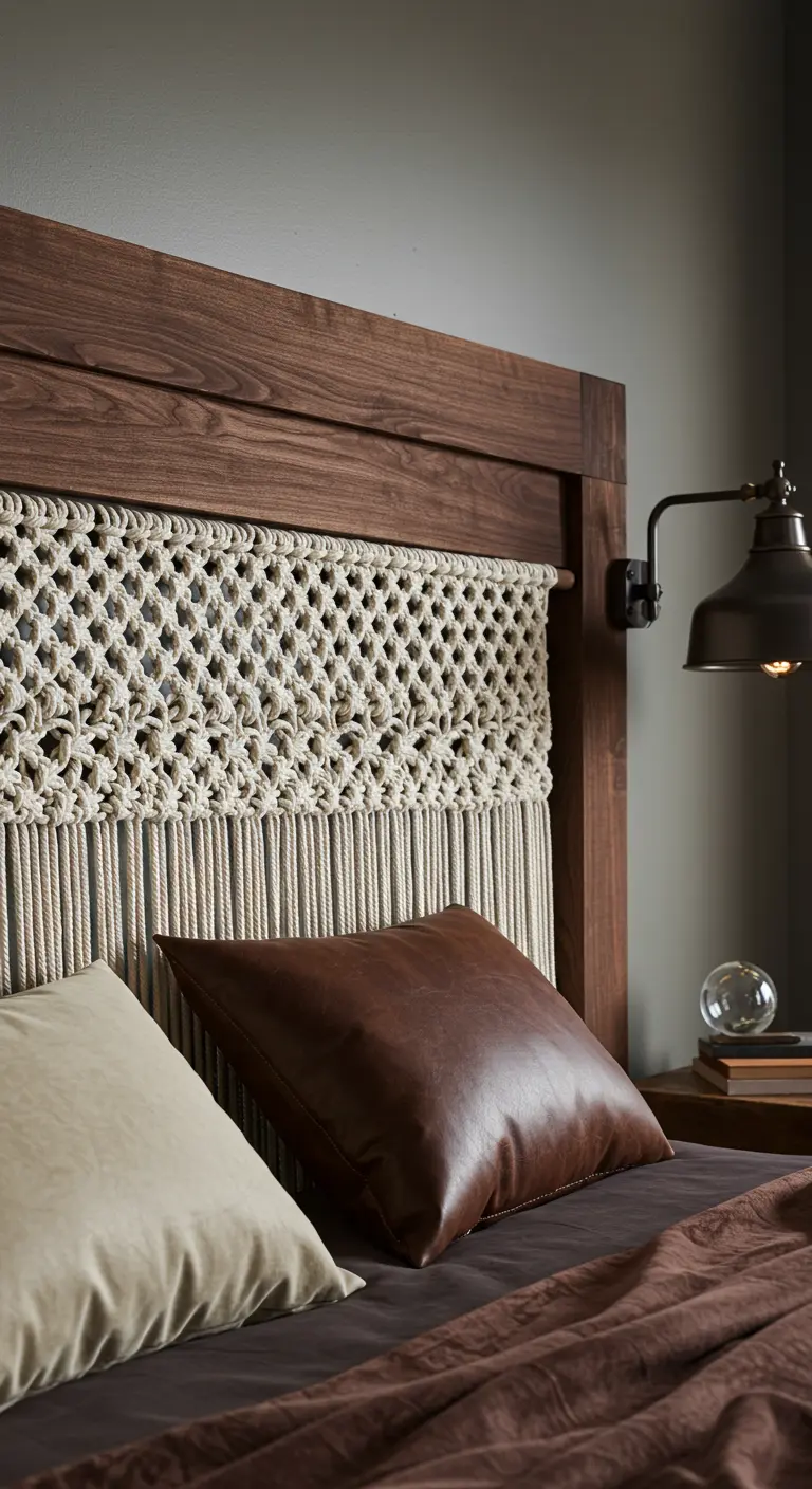 Panel de macramé integrado en un cabecero de madera oscura de estilo rústico.