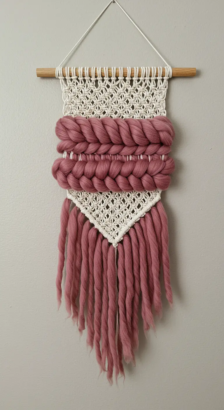 Tapiz de macramé que combina nudos de algodón blanco con gruesas trenzas de lana de color rosa empolvado.