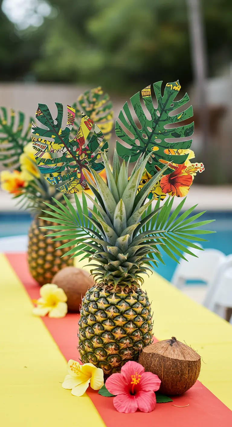 Piña decorada con hojas tropicales hechas de cómics para un centro de mesa temático.