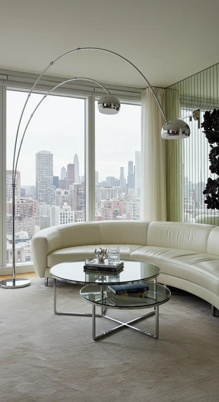 Sala moderna con sofá de cuero blanco, lámpara de arco y grandes ventanales.
