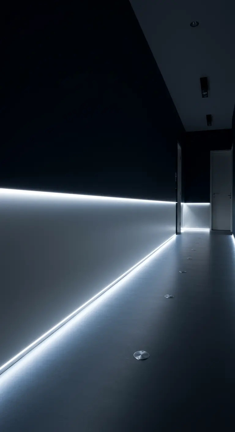 Pasillo oscuro y futurista con paredes en blanco y negro iluminadas por tiras de luz LED.
