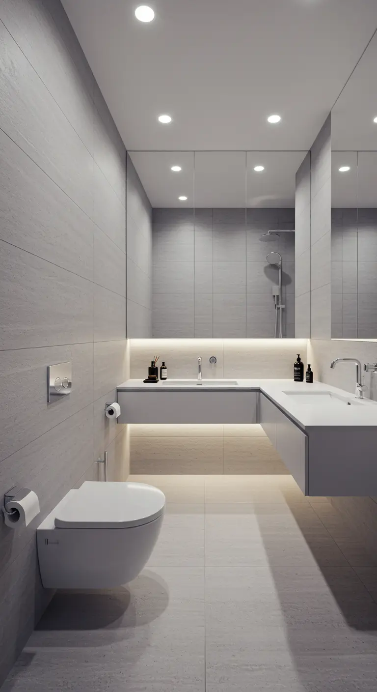 Baño minimalista y moderno en tonos grises con iluminación LED indirecta bajo el mueble