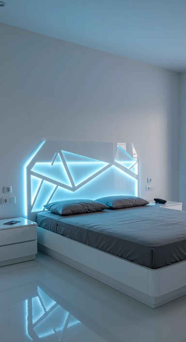 Cabecero blanco de diseño geométrico y futurista, retroiluminado con luces LED de color azul neón