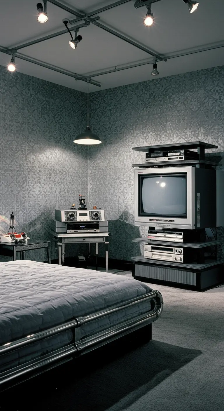Dormitorio de los 80 con muebles de cromo y un centro de entretenimiento con tecnología vintage.