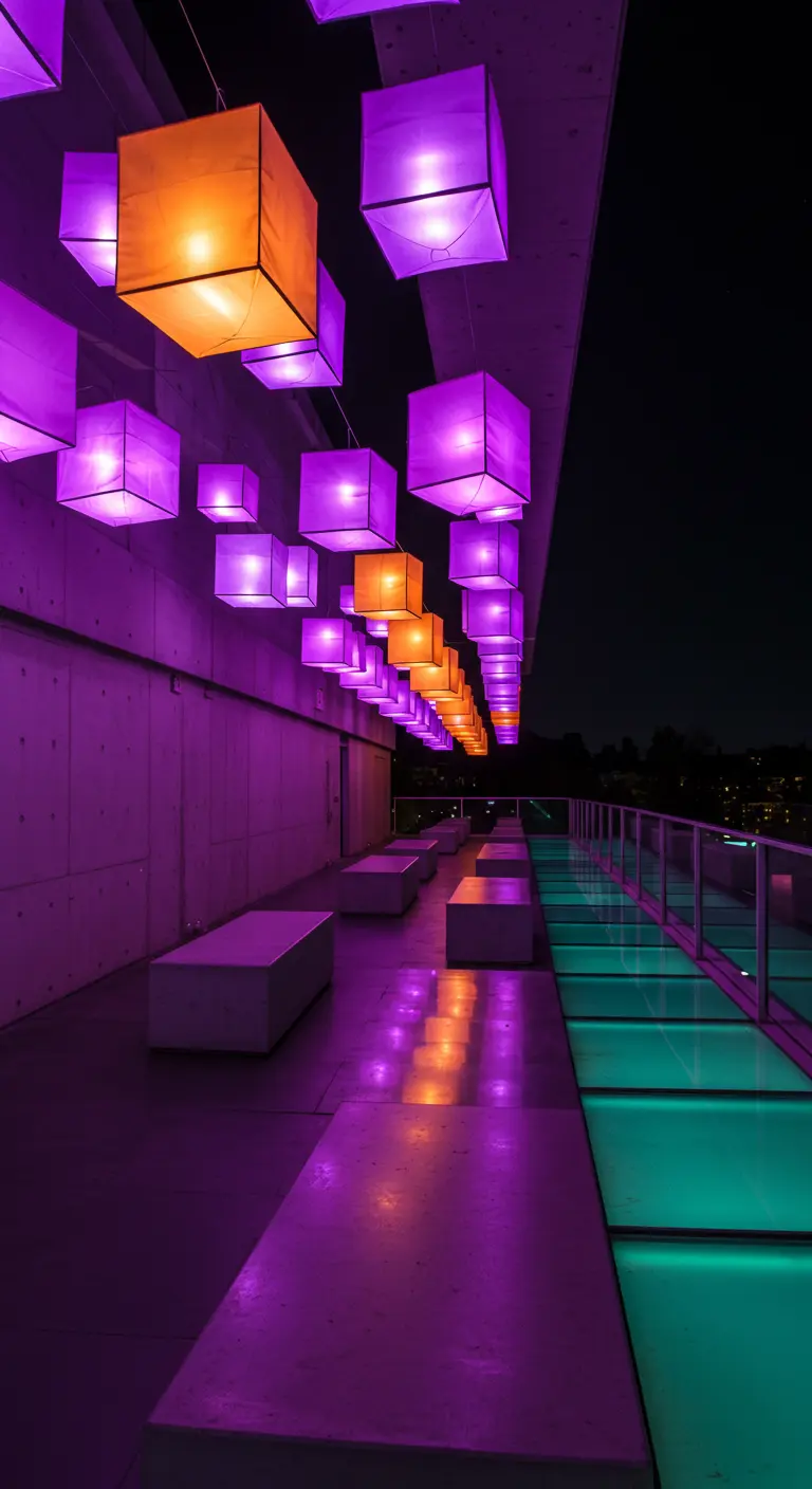 Terraza moderna de noche con lámparas de papel cúbicas de color púrpura y naranja