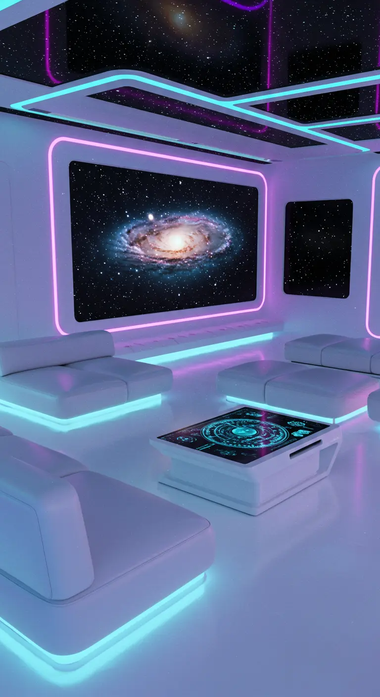 Sala de estar futurista con luces de neón, muebles blancos y pantallas con imágenes del espacio.