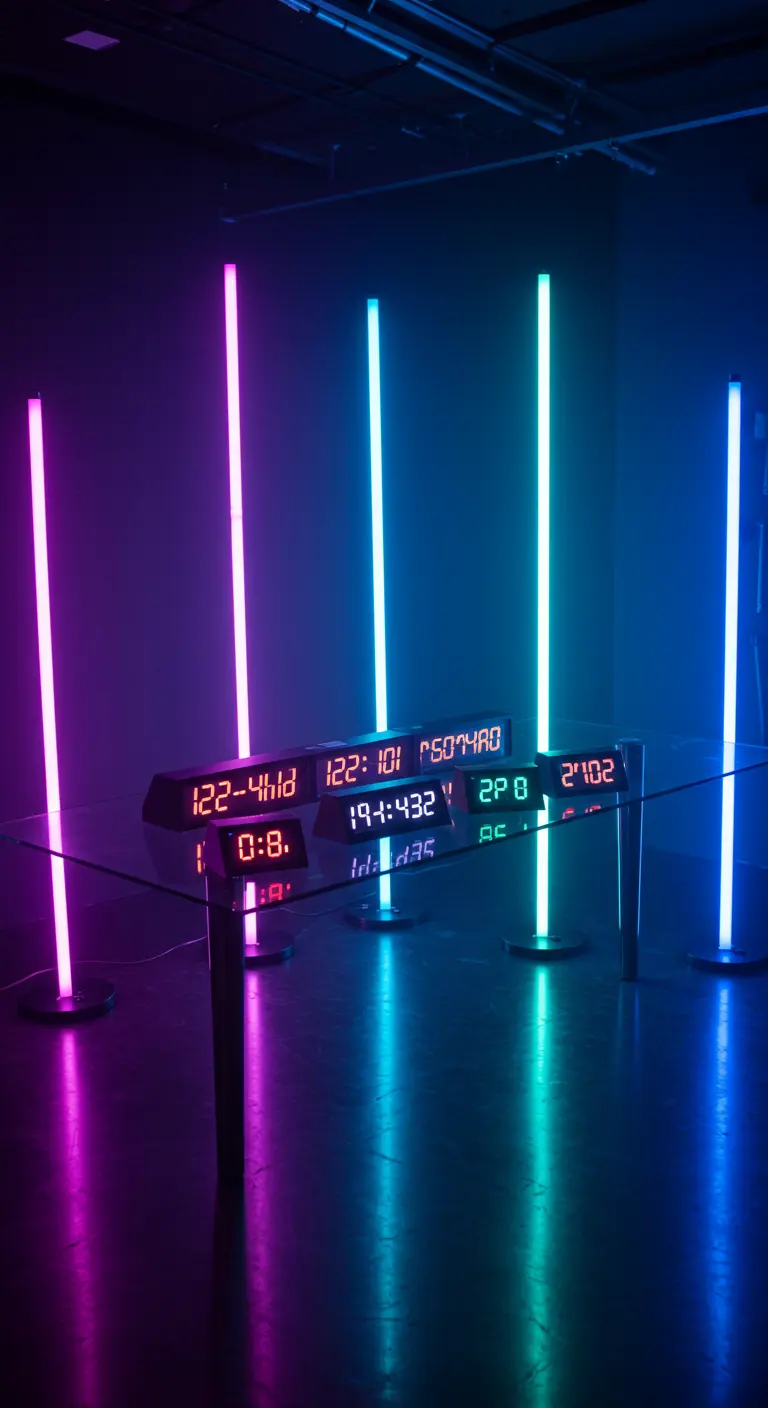 Mesa de cristal con relojes digitales y rodeada de luces de neón verticales.