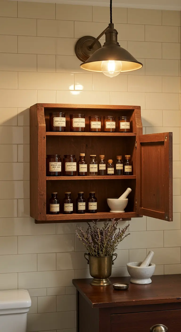 Botiquín de madera vintage con frascos de boticario, mortero y lavanda seca.