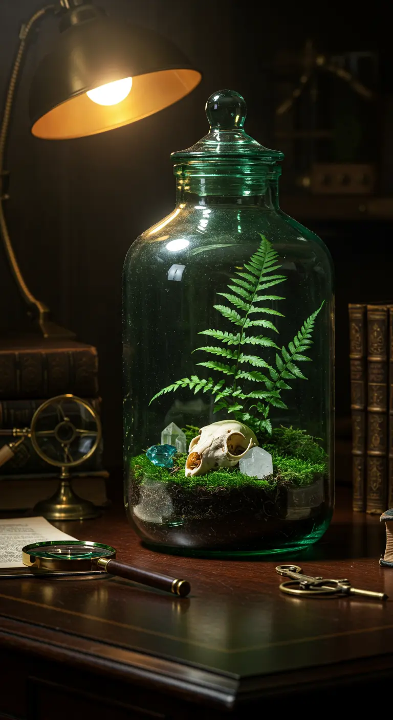 Un terrario en un frasco de vidrio verde con un helecho, musgo, cristales y un pequeño cráneo de animal.