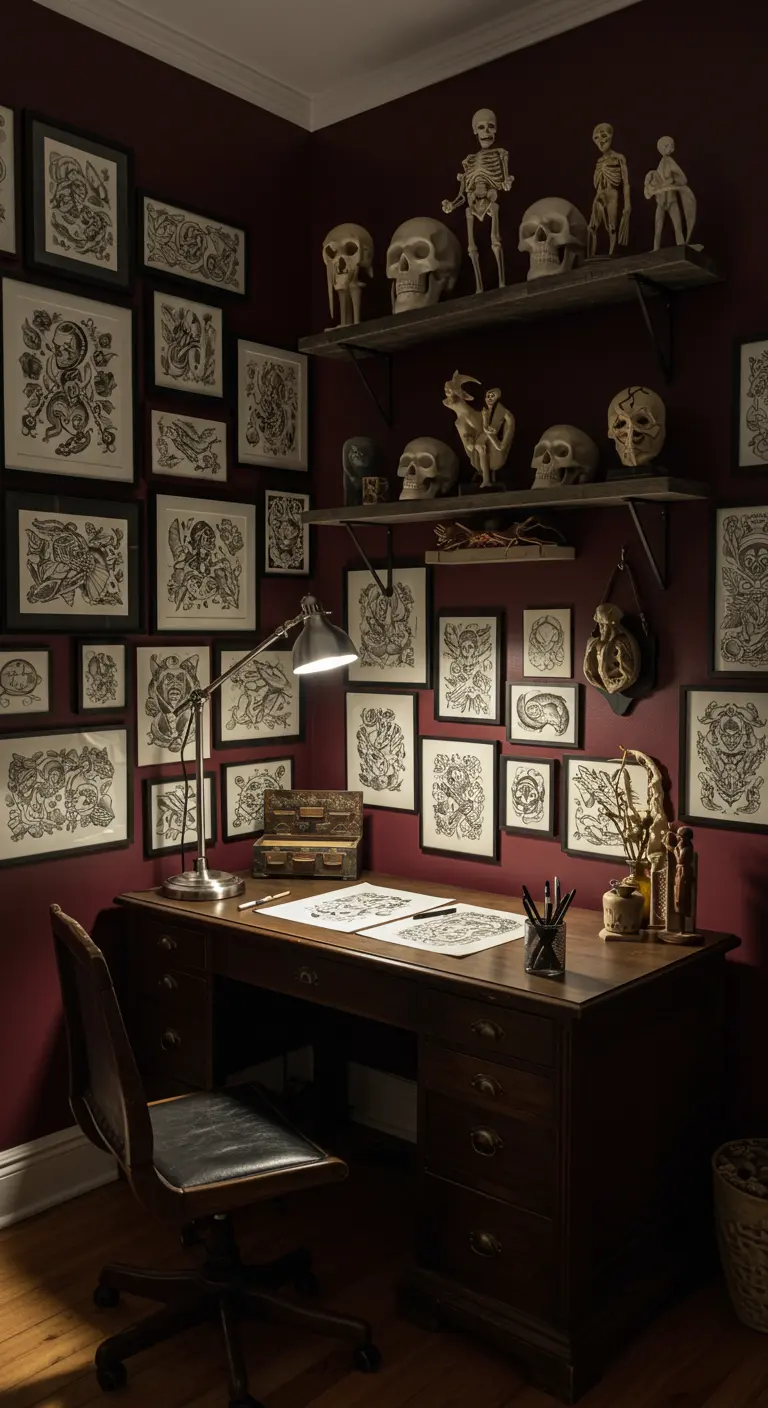 Estudio de un ilustrador con paredes de color vino, una galería de dibujos anatómicos y estantes con cráneos.