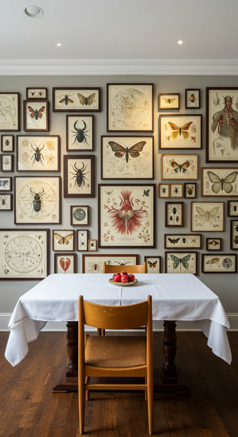 Pared de galería con ilustraciones vintage de insectos, anatomía y mapas celestes