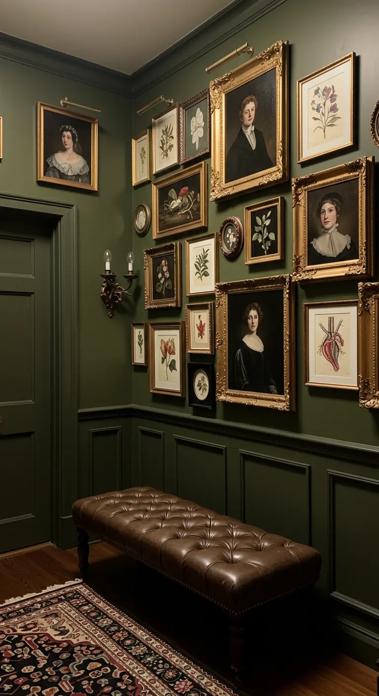 Pasillo oscuro y académico con paredes verdes, retratos vintage y un banco de cuero marrón.
