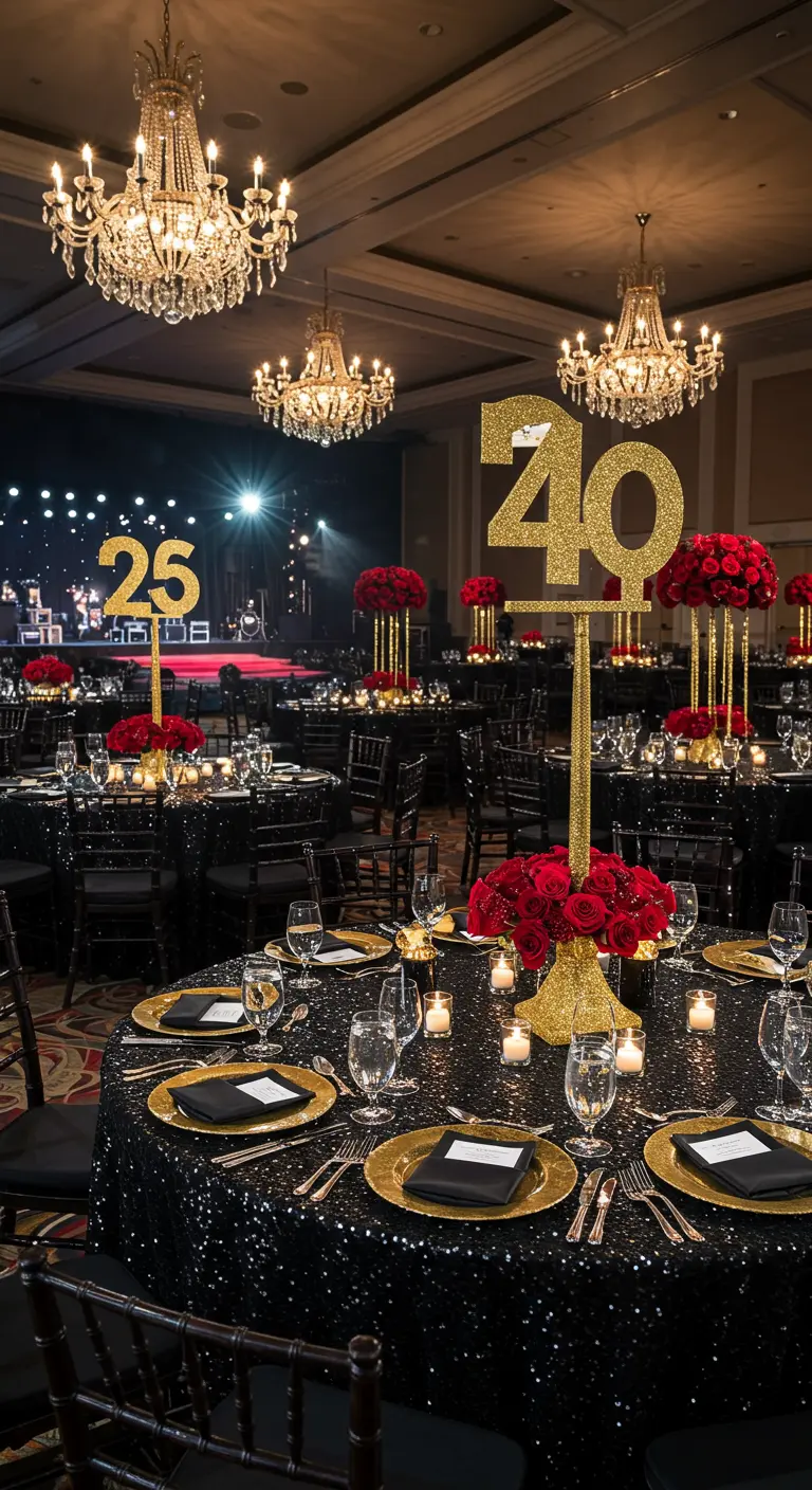 Salón de eventos elegante con números de mesa gigantes de glitter dorado y arreglos de rosas rojas.