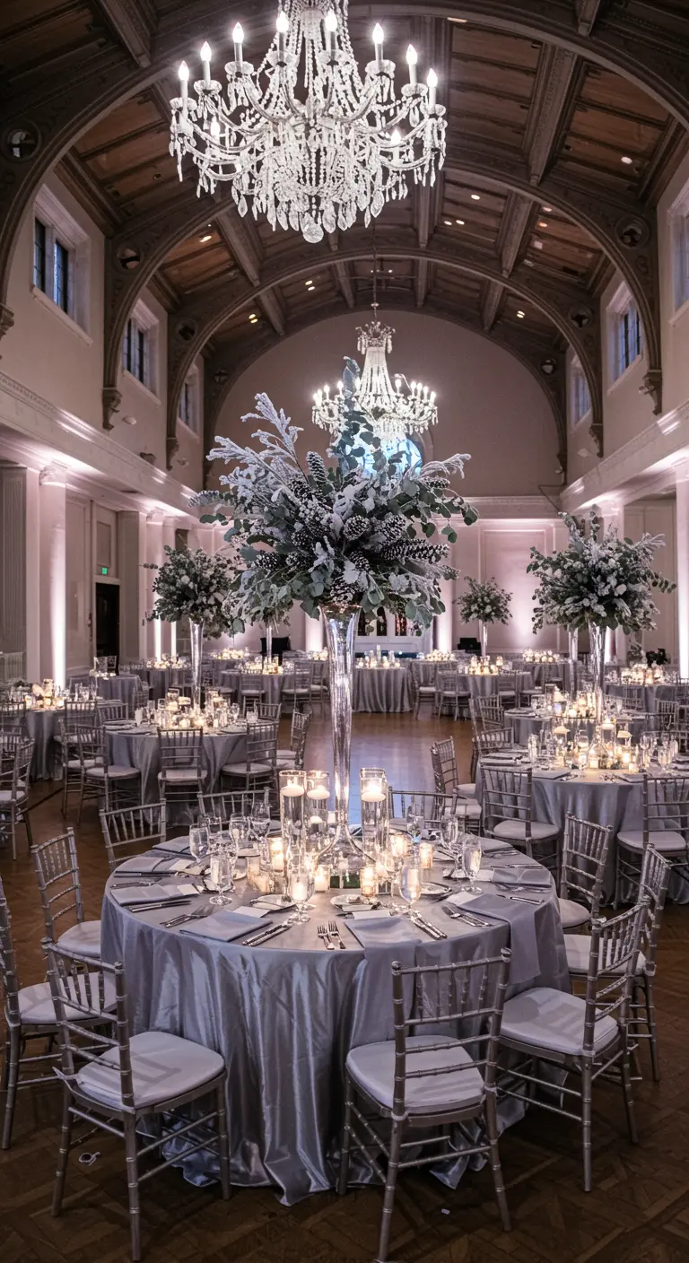 Gran salón de baile con mesas redondas y altos centros de mesa florales nevados.