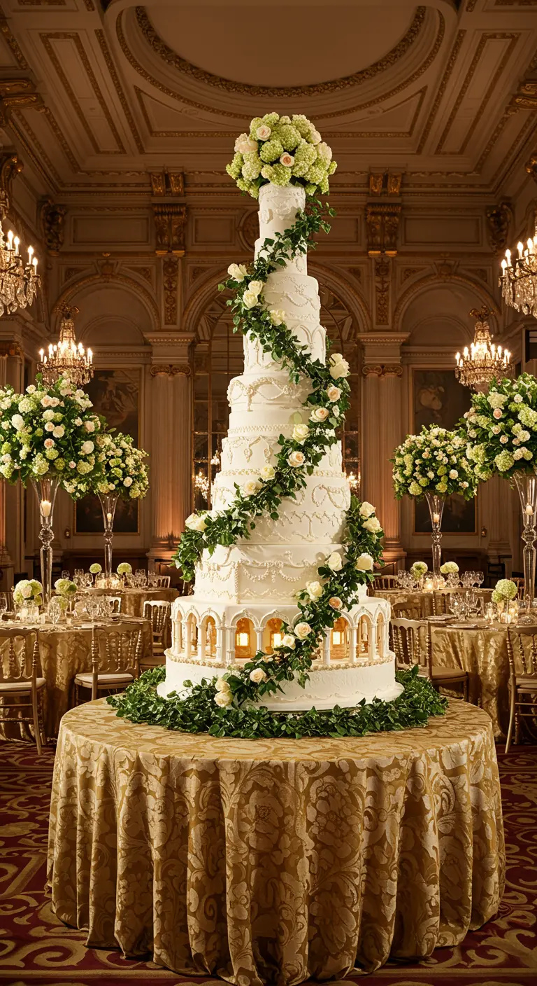 Pastel blanco muy alto con una cascada de rosas en un salón de baile elegante.