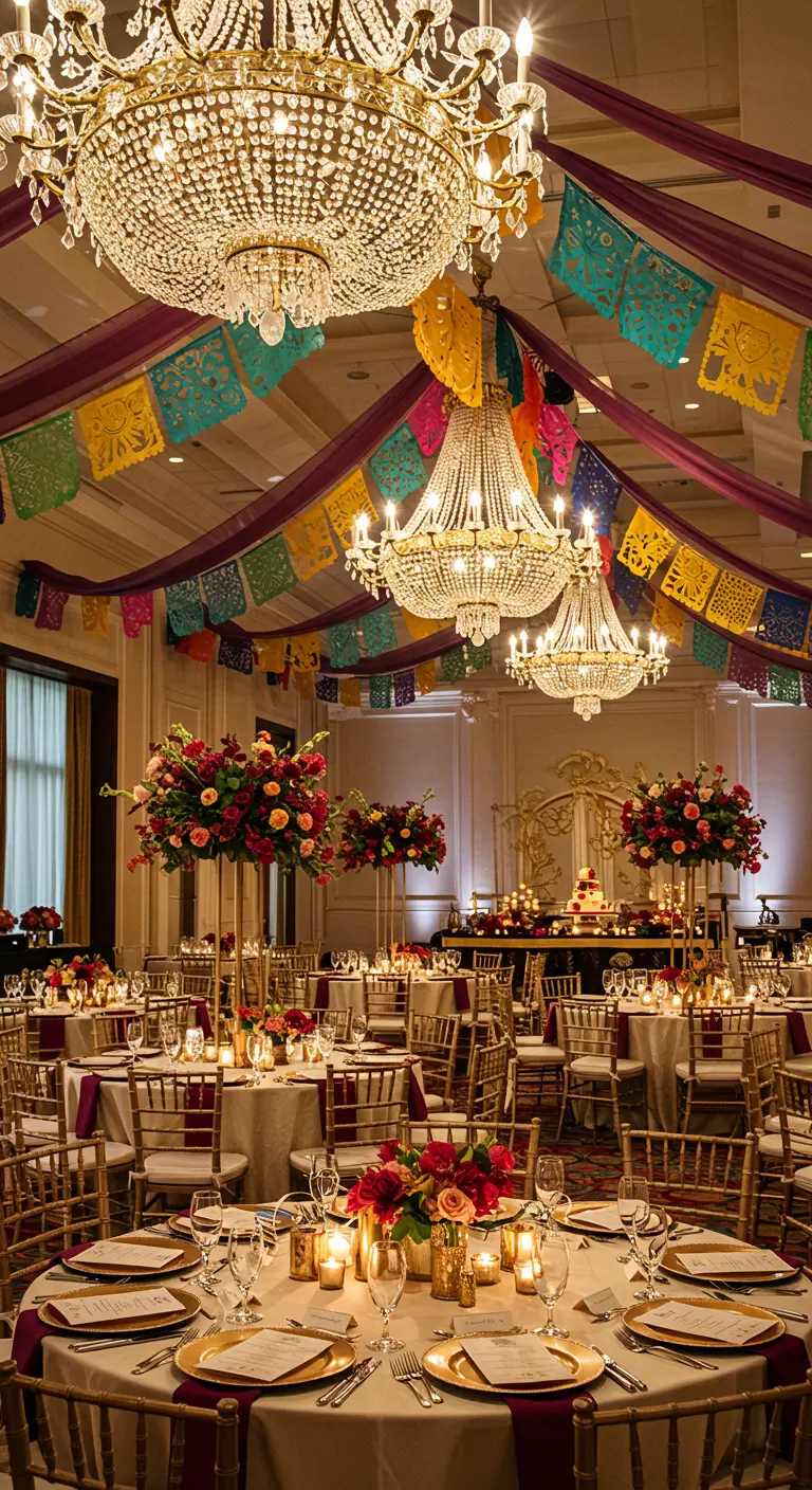 Salón de eventos elegante con candelabros de cristal y papel picado de colores colgando del techo.