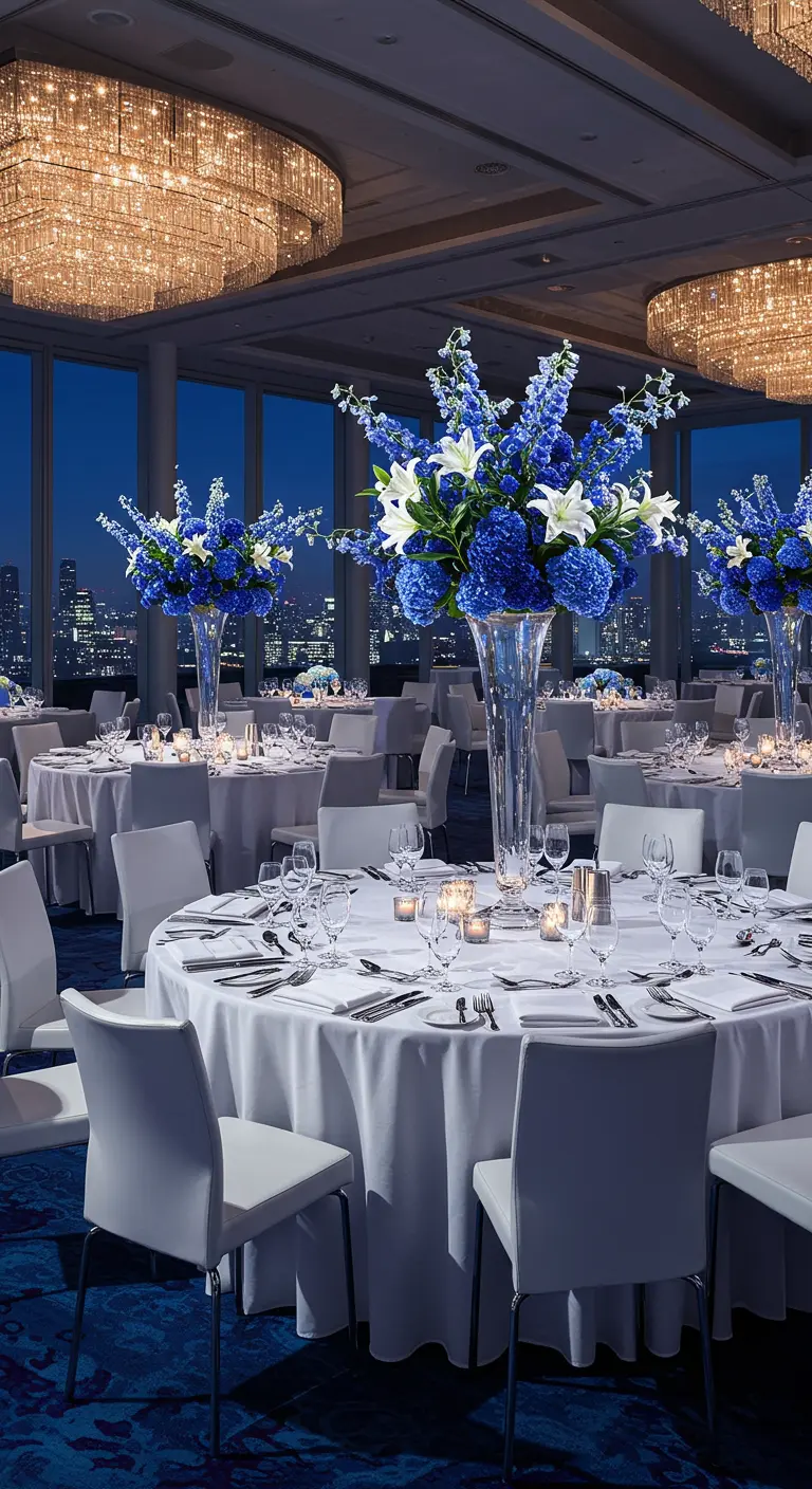 Salón de baile elegante con centros de mesa altos de flores azules y blancas.