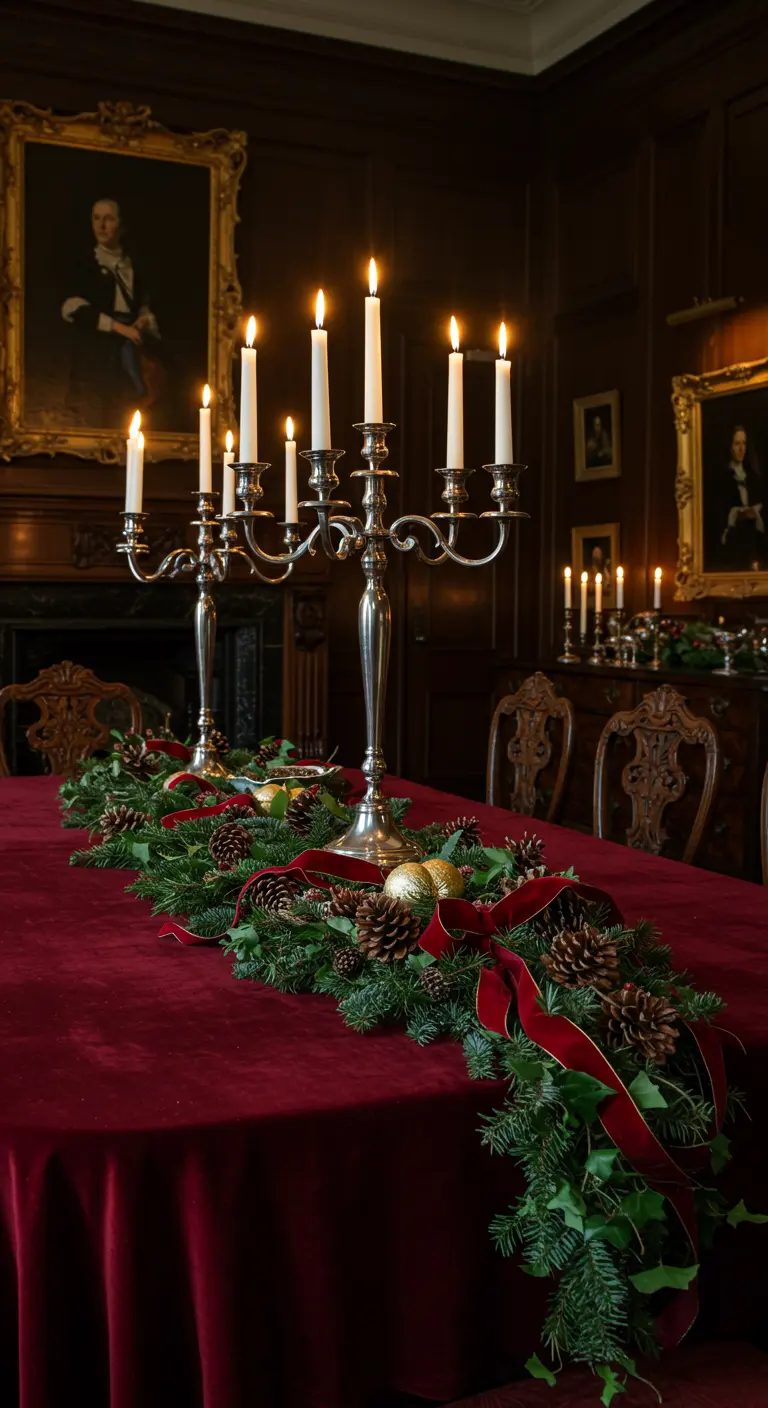 Mesa de comedor formal con mantel rojo, candelabro de plata y guirnalda de pino y piñas.