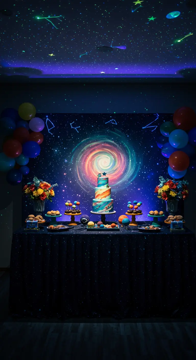 Mesa de postres con temática espacial y un pastel con colores de galaxia.
