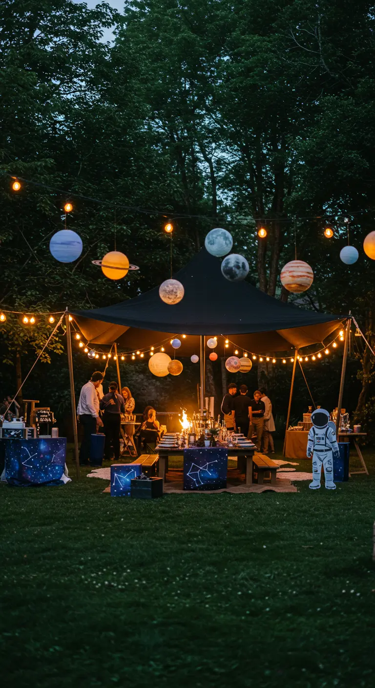 Fiesta nocturna en un jardín con una carpa, guirnaldas de luces y planetas colgando.