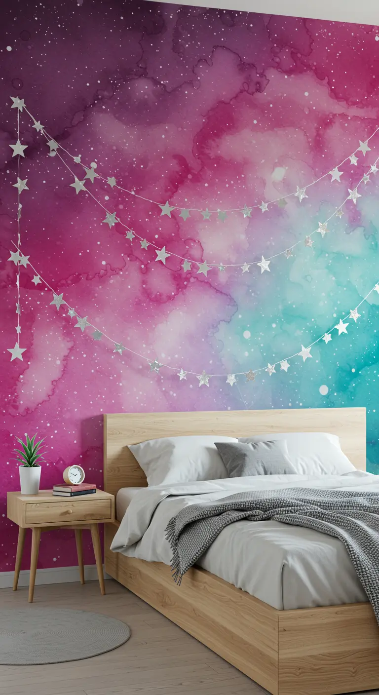 Dormitorio con una pared de acento de galaxia en tonos rosa y turquesa, y guirnaldas de estrellas.