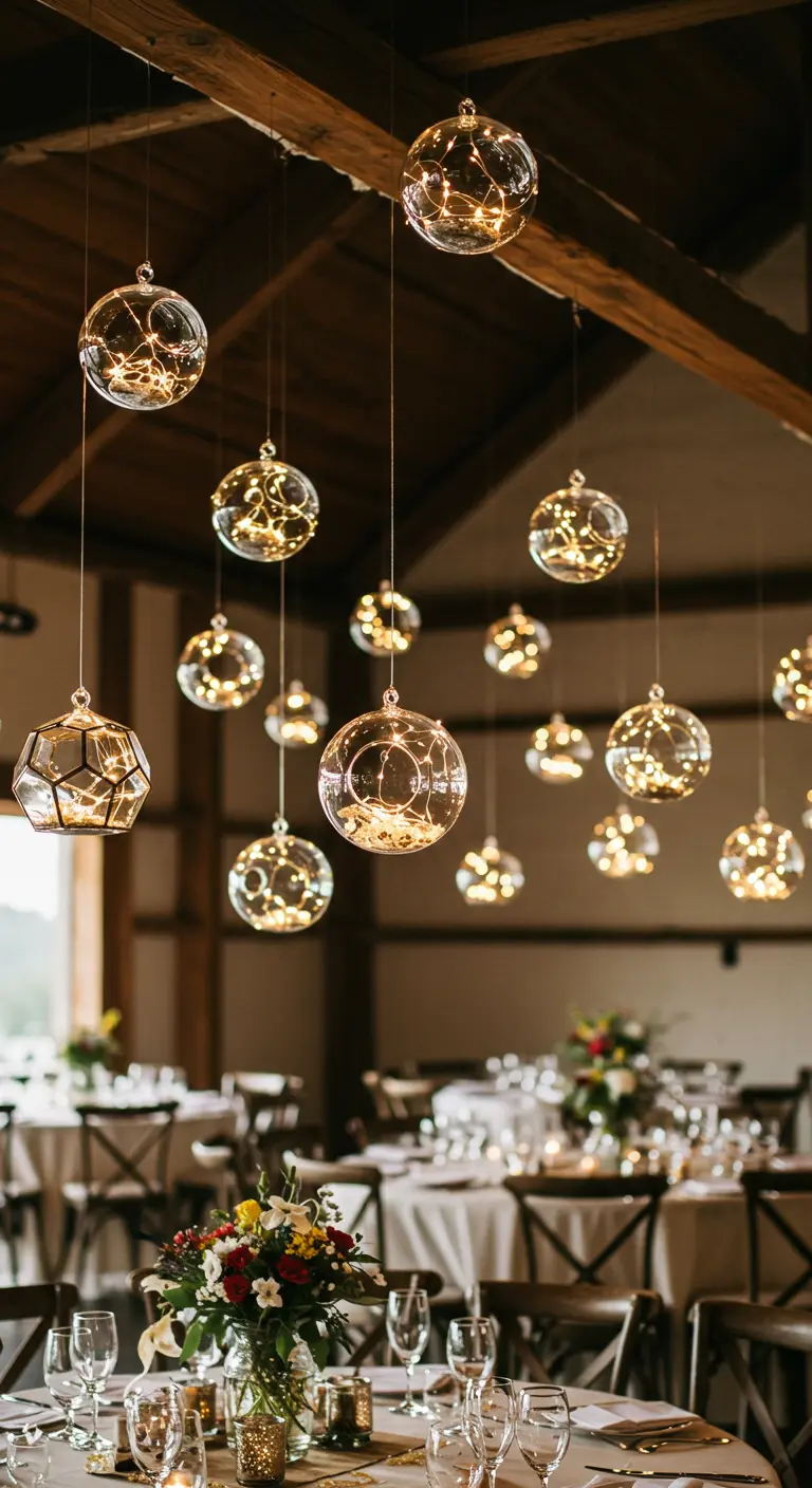 Esferas de cristal con luces de hadas dentro, colgando del techo en una boda.