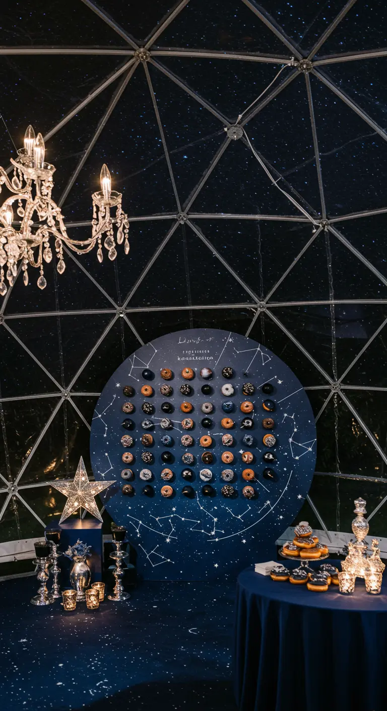 Pared de donuts redonda pintada como un cielo nocturno con constelaciones, dentro de un domo geodésico.