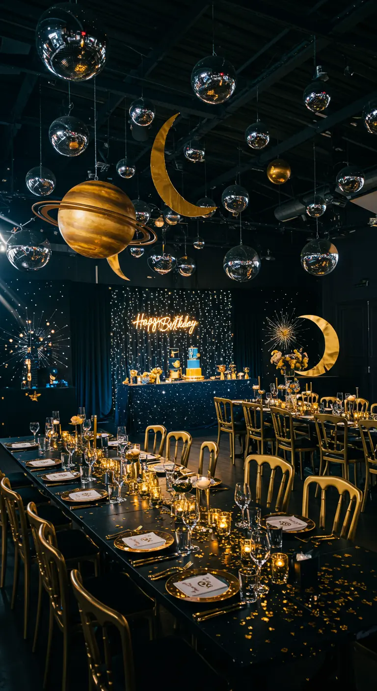 Decoración de fiesta con tema espacial, bolas de discoteca como planetas y mesas doradas.
