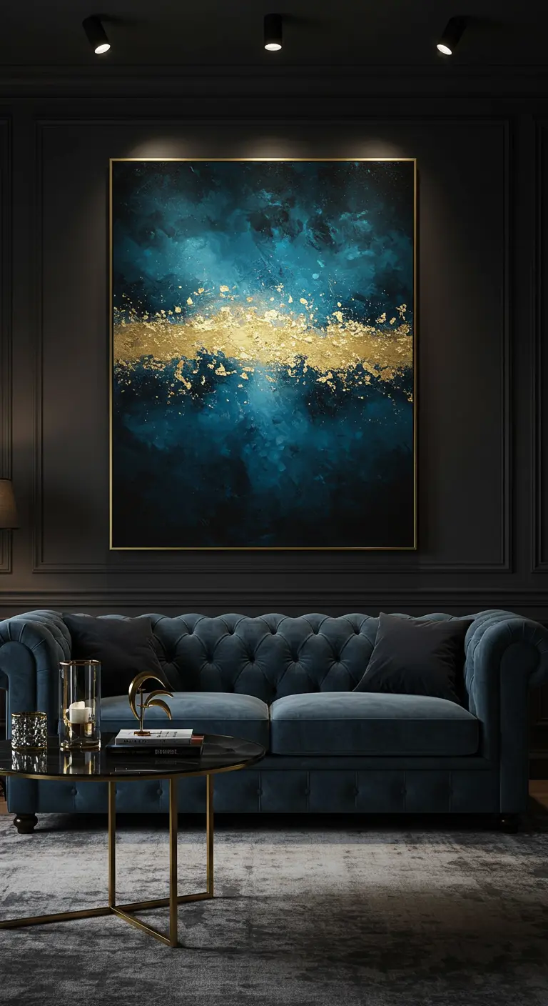 Salón oscuro y elegante con un cuadro abstracto azul y dorado sobre un sofá chéster de terciopelo.